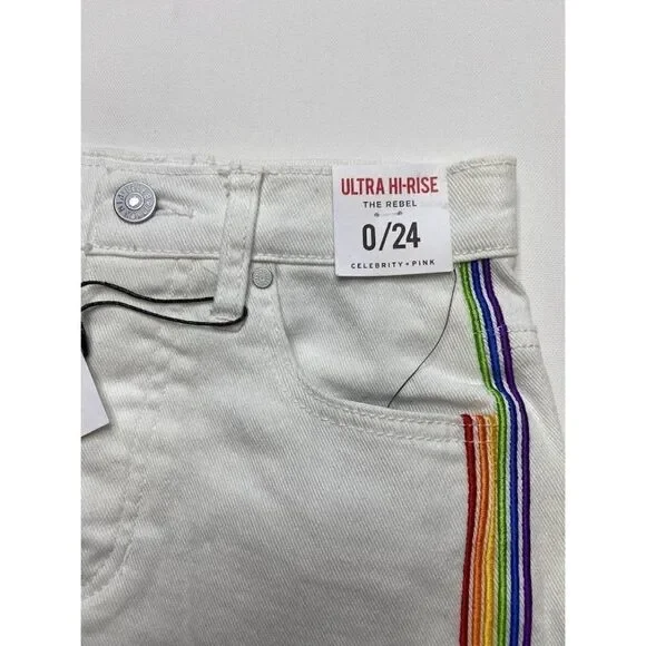 Celebrity‎ Pink Jean Shorts 0 White Juniors' Rainbow Stripe Stretch Raw-Hem NEW - Picture 5 of 13